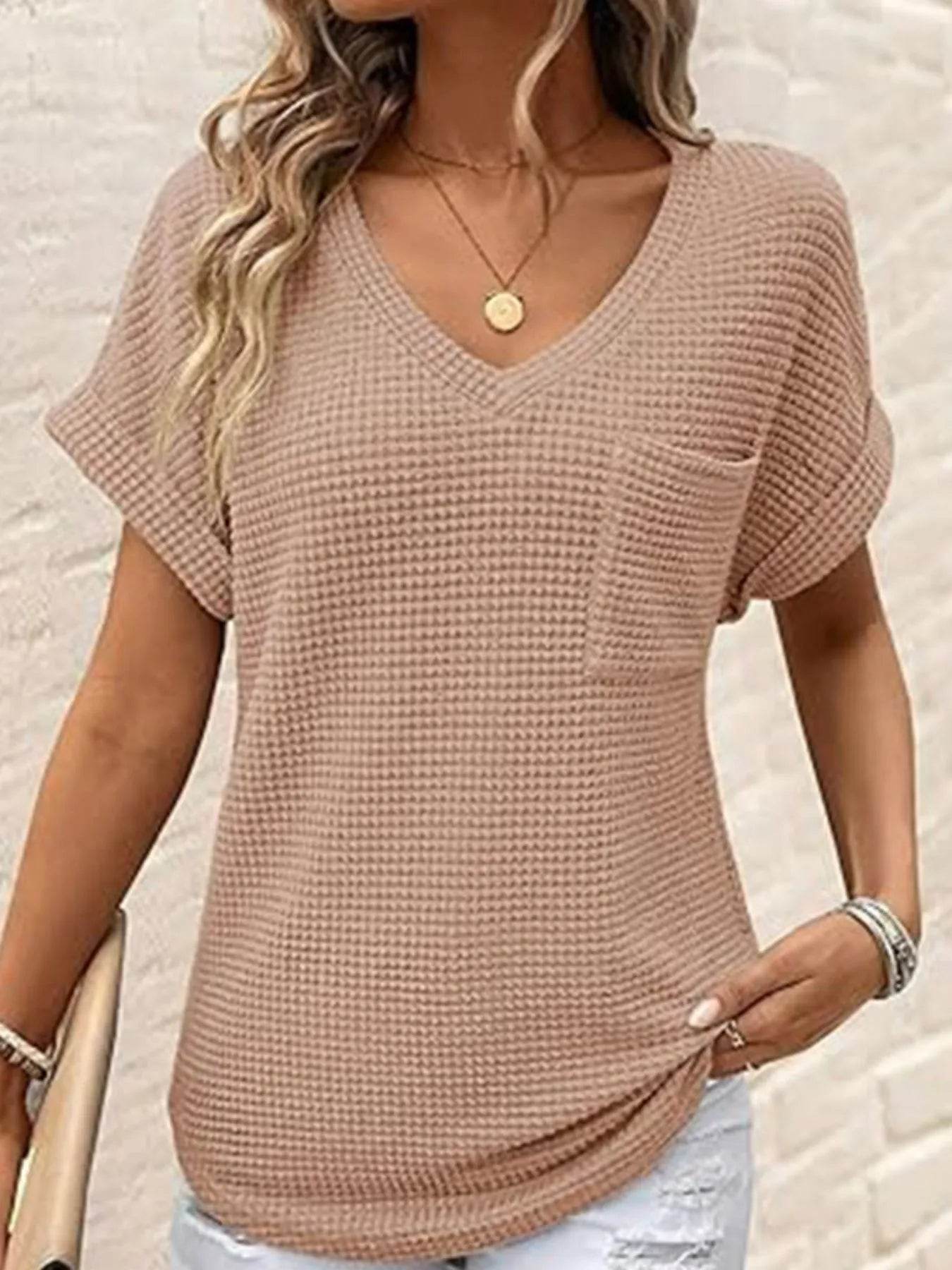 Waffle Knit V-Neck T-Shirt for Casual Comfort and Style - EBYNN