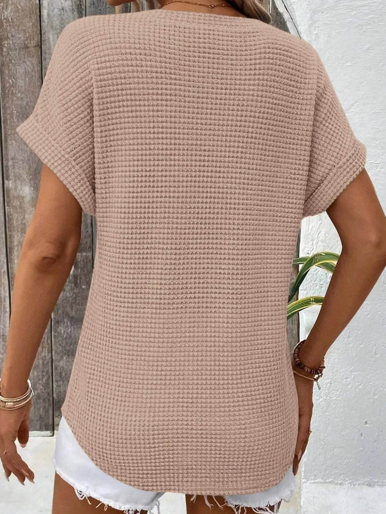 Waffle Knit V-Neck T-Shirt for Casual Comfort and Style - EBYNN