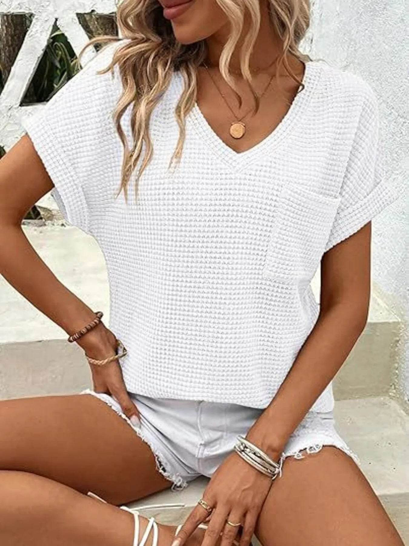 Waffle Knit V-Neck T-Shirt for Casual Comfort and Style - EBYNN