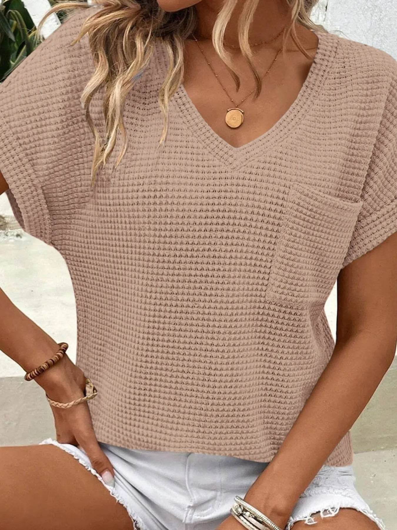 Waffle Knit V-Neck T-Shirt for Casual Comfort and Style - EBYNN