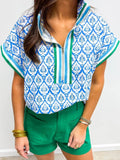 Western Print Blouse for Women with Zipped Collar and Short Sleeves - EBYNN