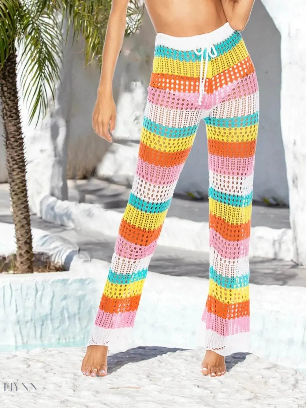 Trendy Women's Colorful Resort Wear with Multicolor Striped Knit Pants for Summer Outfits