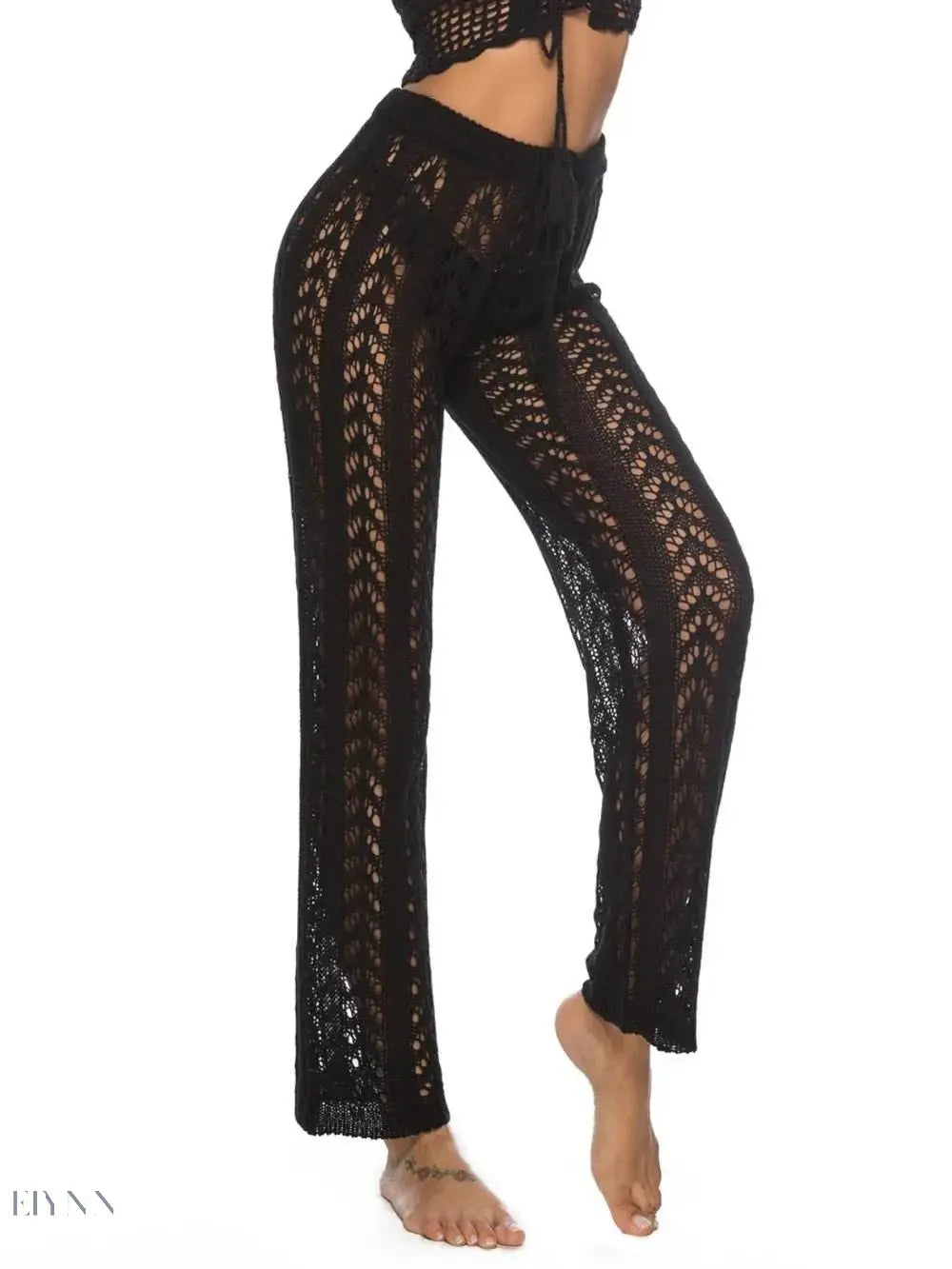 Trendy black women's drawstring beach pants with a stylish lace design for summer outings