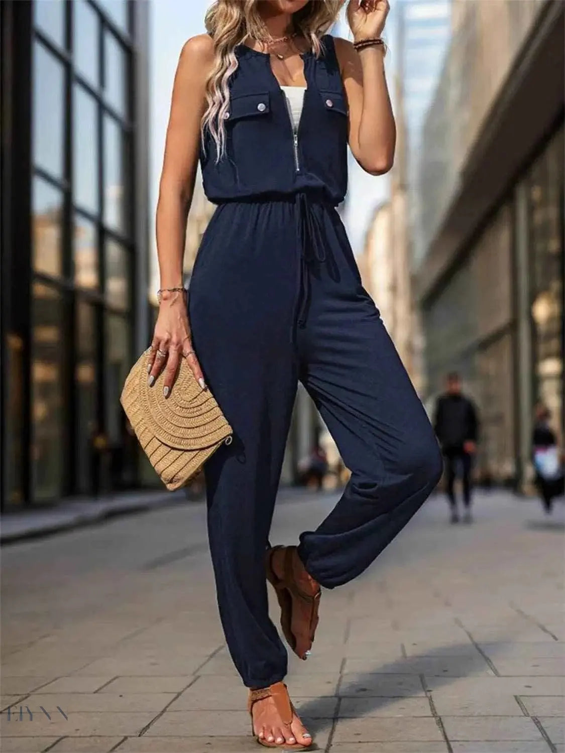 Women's Zip Front Jumpsuit with Drawstring - EBYNN