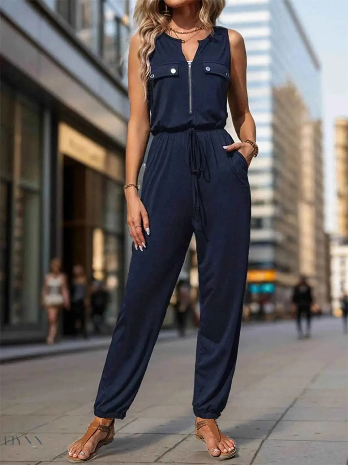 Women's Zip Front Jumpsuit with Drawstring - EBYNN