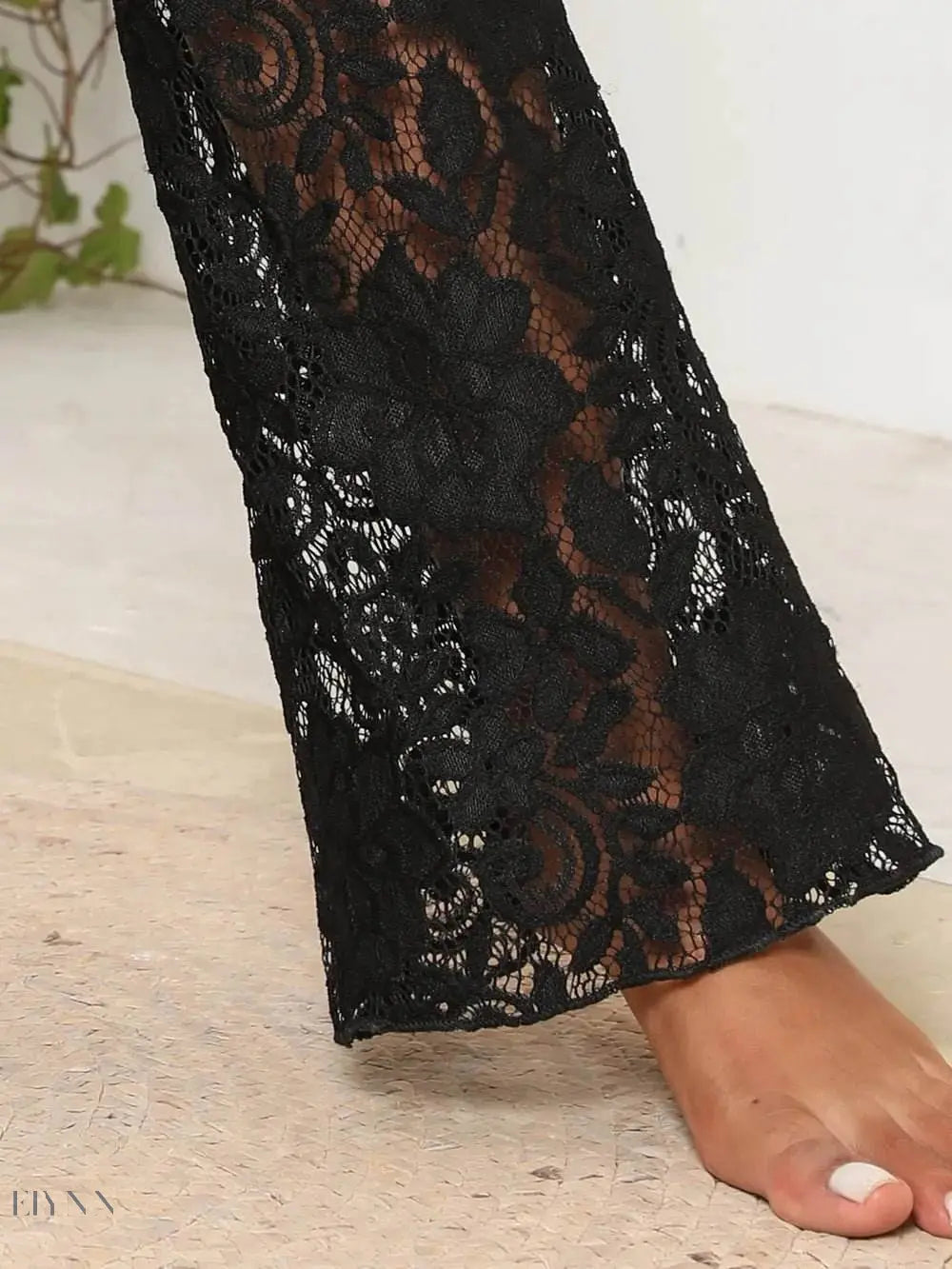 Black Women's Lace Beach Cover Up Pants with Floral Design and Flared Hem for Chic Beach Style