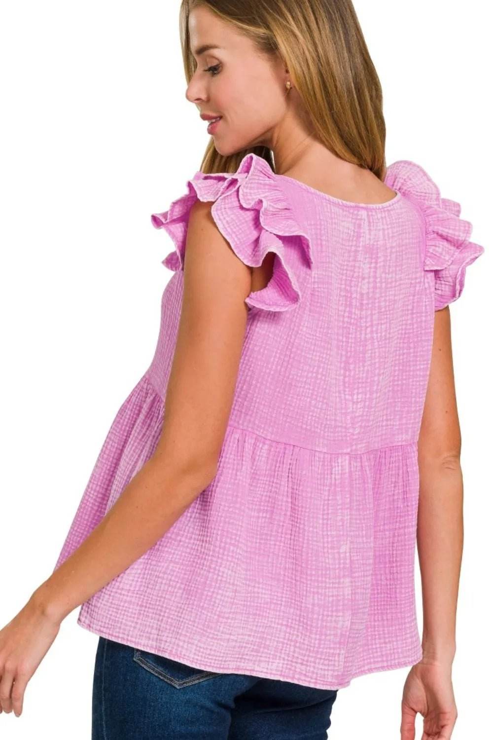 Zenana Double Gauze Peplum Top with Acid Washed Finish and Tiered Ruffles - EBYNN